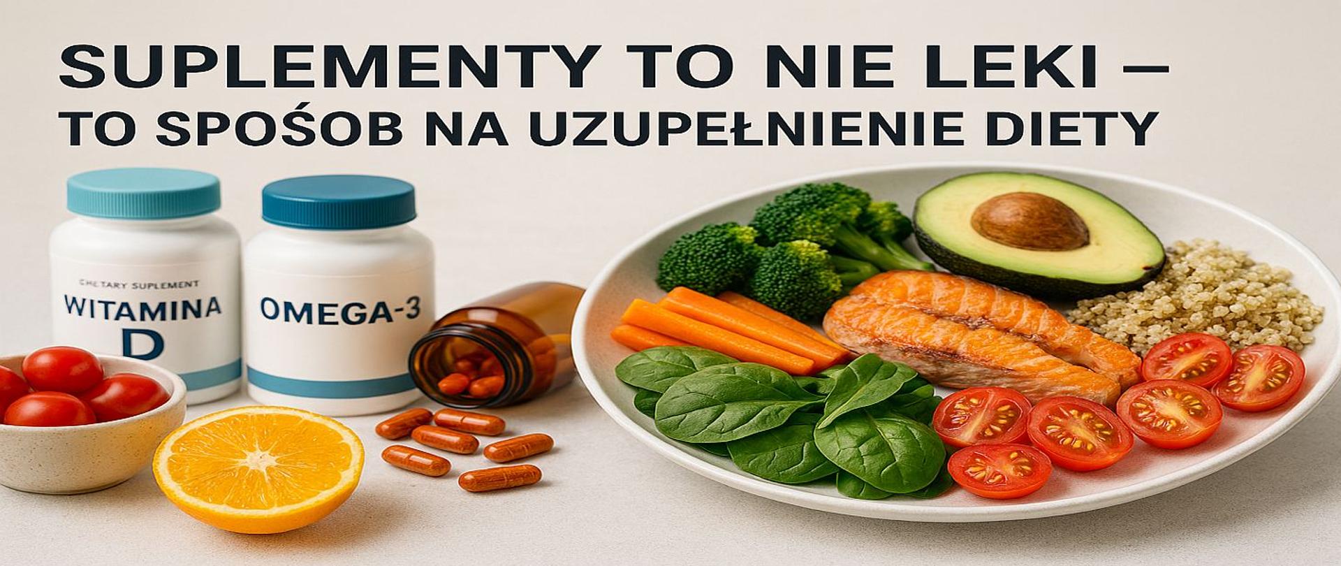 na zdjęciu widoczne są opakowania z witaminami oraz talerz ze zdrową żywnością 