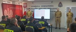 Komendant Powiatowy wraz z dwoma funkcjonariuszami, stoją przy drzwiach i tablicy interaktywnej; rozpoczynają szkolenie. Ubrani są w mundury w kolorze piaskowym. Ochotnicy siedzą w ławkach, ubrani w czarne stroje z napisem STRAŻ na plecach