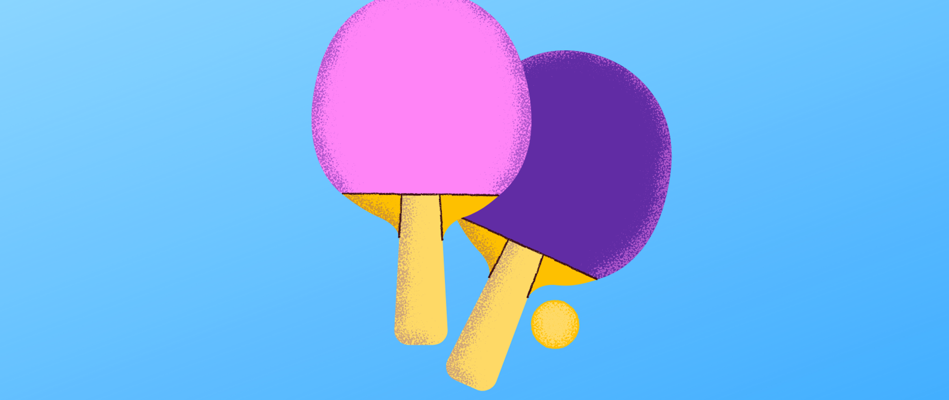 Plakat informujący o turnieju Ping Ponga: błękitne tło, fioletowe i białe napisy informacyjne, grafika przedstawiająca dwie rakietki do tenisa stołowego i piłeczkę