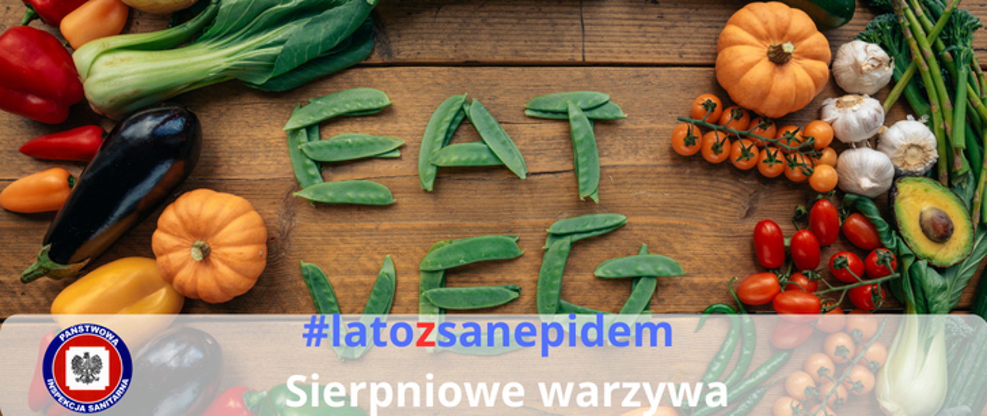 Na fotografii widoczne warzywa - bakłażan, dynia, pomidory, szparagi, awokado, papryka - ułożone na stole. Na dole widoczne logo Państwowej Inspekcji Sanitarnej oraz napis #latozsanepidem Sierpniowe warzywa. 