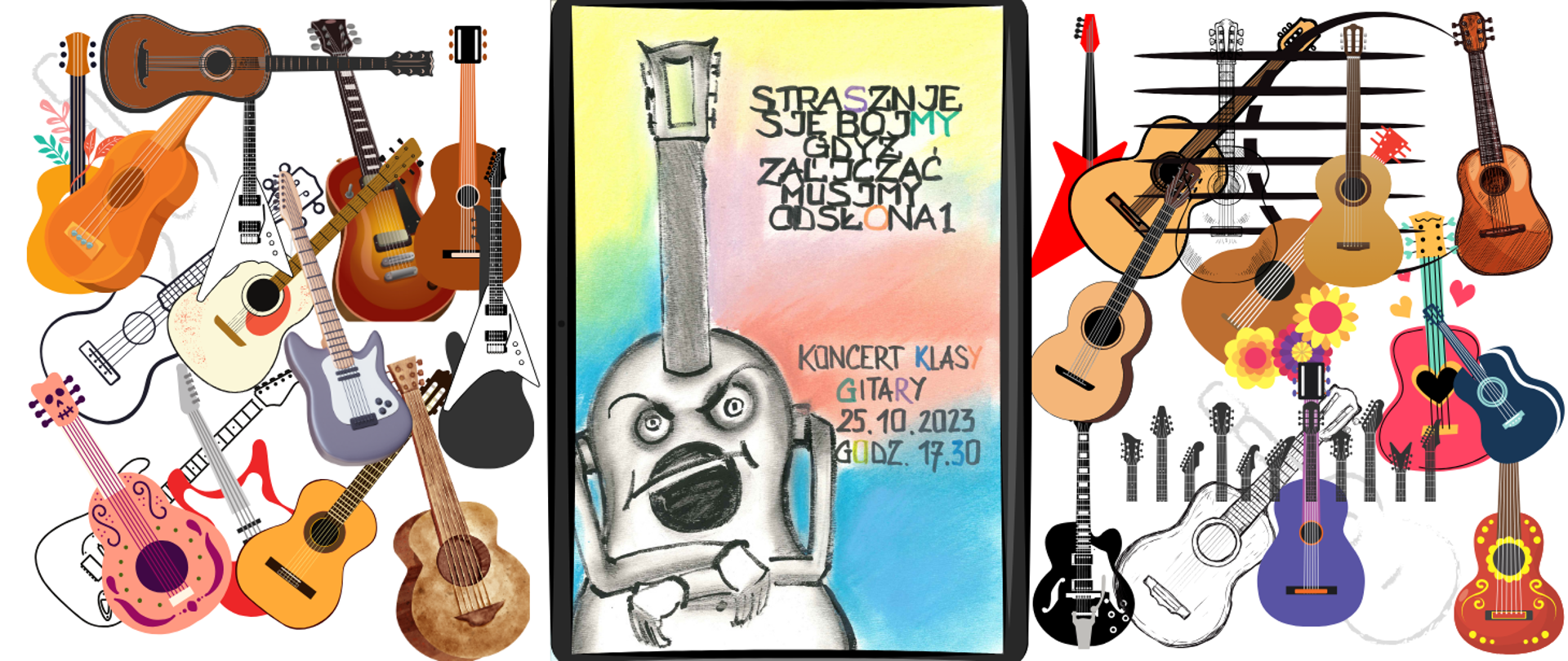 grafika przedstawia szarą gitarę na kolorowym tle, czarne napisy 