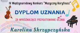 Zdjęcie przedstawia dyplom dla nauczyciela w konkursie "Muzyczny Koryfeusz". W tle dyplomu graficzne rysunki skrzypiec, fortepianu, nut i kolorowej pięciolinii.