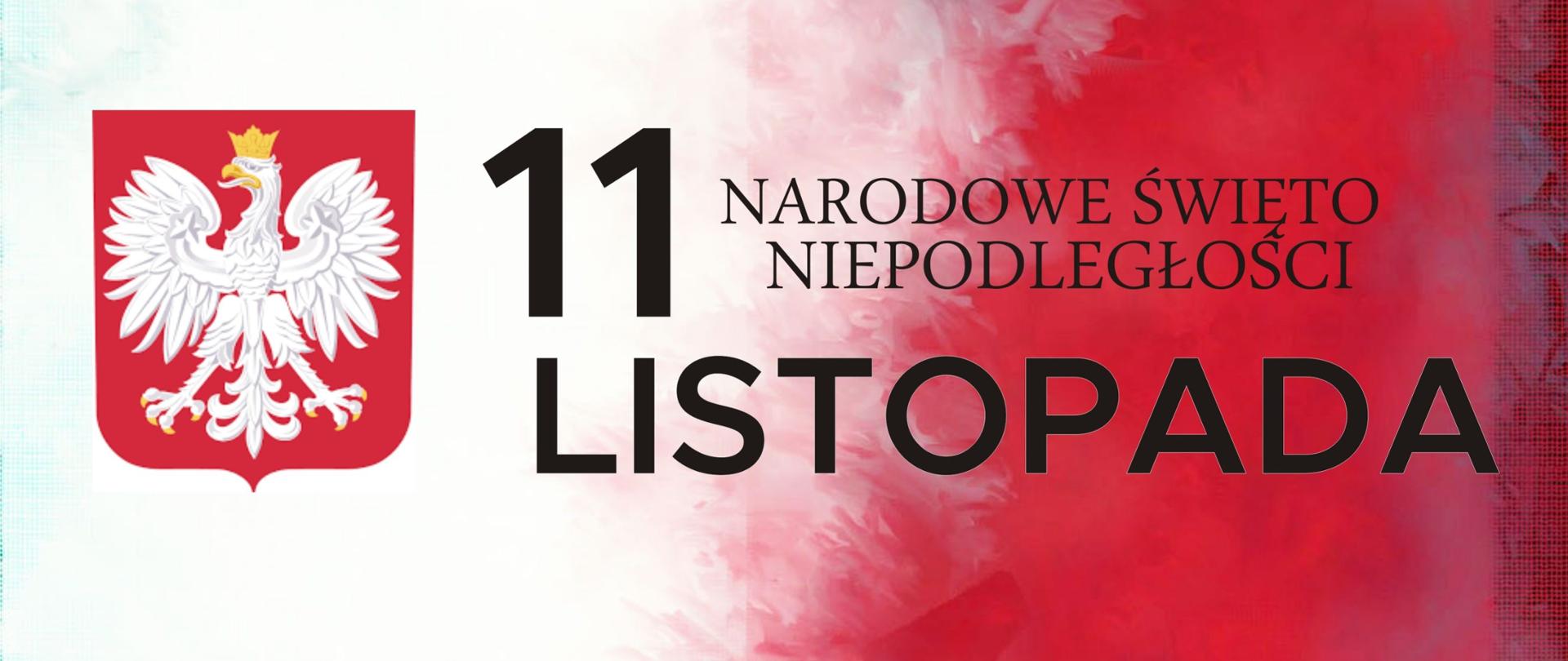 Baner okolicznościowy w biało-czerwonych kolorach z białym orłem na czerwonej tarczy oraz napisem "11 listopada Narodowe Święto Niepodległości"