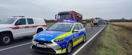 Na drodze wiejskiej stoją pojazdy służb ratunkowych — radiowóz policji, wozy straży pożarnej i śmigłowiec Lotniczego Pogotowia Ratunkowego. Policjanci i strażacy zabezpieczają miejsce zdarzenia. Droga jest zablokowana, a w tle widać pola i las.