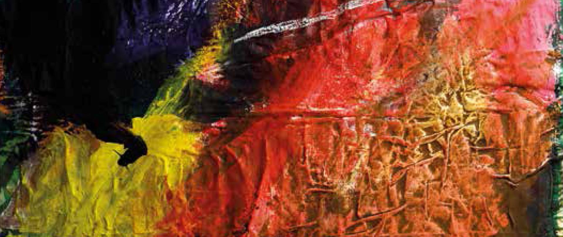 Malarstwo, abstrakcja utrzymana w ciepłych kolorach. Plamy farby w różnych kolorach i o zróżnicowanej fakturze.