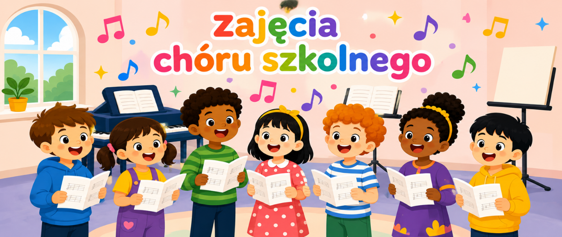 Kolorowa ilustracja przedstawiająca grupę siedmiorga uśmiechniętych dzieci podczas zajęć chóru szkolnego. Dzieci stoją w półkolu, trzymają otwarte śpiewniki i wspólnie śpiewają. W tle znajduje się sala muzyczna z pianinem, pulpitami na nuty, sztalugą oraz dużym oknem z widokiem na zieleń. Nad dziećmi widnieje kolorowy napis „zajęcia chóru szkolnego”, otoczony barwnymi nutami i dekoracyjnymi elementami muzycznymi. Całość utrzymana jest w jasnej, przyjaznej, bajkowej stylistyce.