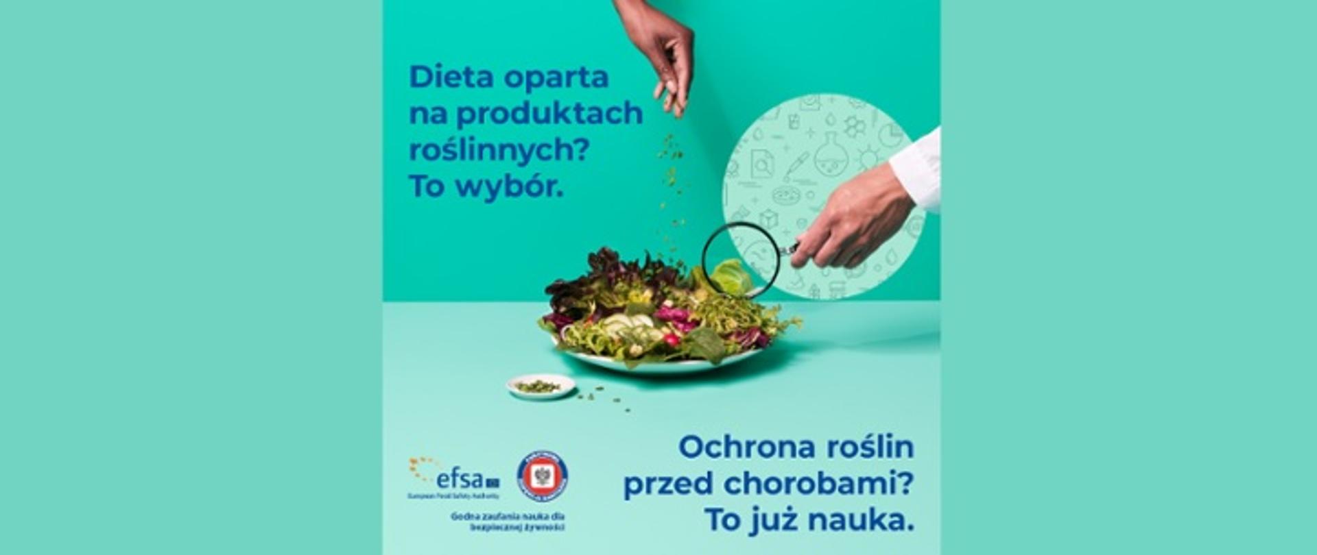 Grafika EFSA przedstawia talerz, na którym znajdują się rośliny oraz dwie ręce - jedna z lupą a druga przyprawiająca danie.