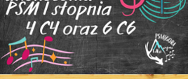 Plakatowa informacja o terminie i godzinie rozdania świadectw ukończenia PSM I stopnia 4C4 oraz 6C6. Informacja umieszczona białymi literami na zdjęciu, które przedstawia czarną, źle wytartą tablicę szkolną z kolorowymi nutami umieszczonymi po przeciwległych, ukośnych krawędziach.