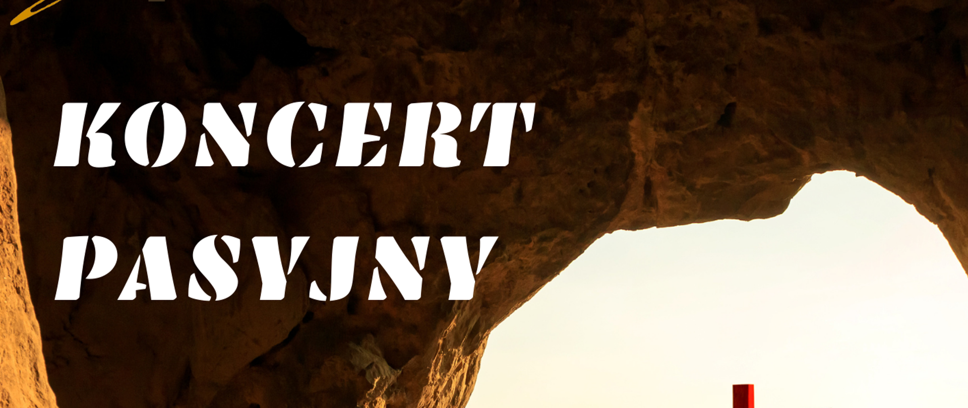 Plakat ma podniosły, refleksyjny i nieco mroczny charakter, nawiązujący do tematyki wielkopostnej. Dominują na nim odcienie brązu, czerni oraz złociste, jasne światło w centralnej części. Głównym elementem jest zdjęcie przedstawiające widok z wnętrza ciemnej, skalistej jaskini. Przez wyjście z groty wpada oślepiające, jasne światło słońca, które oświetla horyzont. Na zewnątrz, na tle tego światła, widoczny jest pojedynczy, skromny, czerwony krzyż. Góra: Złote logo szkoły (litery „Ch” i klawisze) oraz biały napis: „Państwowa Szkoła Muzyczna I i II st. im. Fryderyka Chopina w Nowym Targu”. Środek (po lewej): Duży, biały, pogrubiony tytuł: KONCERT PASYJNY. Poniżej tytułu: Informacja o wykonawcach: „w wykonaniu chóru, orkiestry oraz solistów PSM I i II st. w Nowym Targu”. Dół (po prawej): Dane o miejscu i czasie, zapisane białą czcionką: Sala koncertowa PSM, 26 marca (czwartek) 2026 r., godz. 18.00