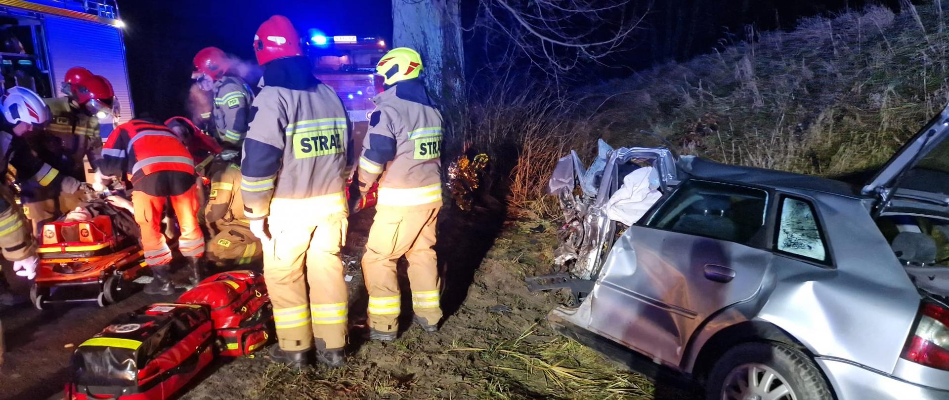 Strażacy wraz z Zespołem Ratownictwa Medycznego udzielają pomocy poszkodowanym w wypadku samochodowym.