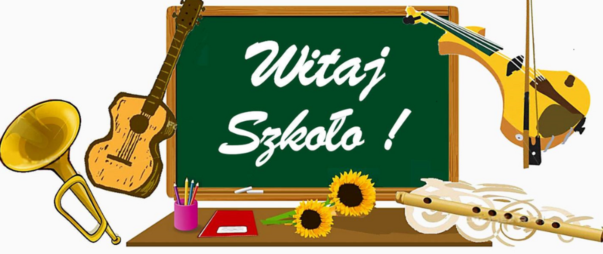 Plakat na biało-żółtym tle oraz grafiką tablicy szkolnej, instrumentów, przyborów szkolnych i kwiatów zapraszający na uroczyste rozpoczęcie roku szkolnego 2023/2024 w Szkole Muzycznej I stopnia w Złotowie w dniu 4 września 2023 r. o godzinie 13:00 w muszli koncertowej w Parku Miejskim przy al. Piasta