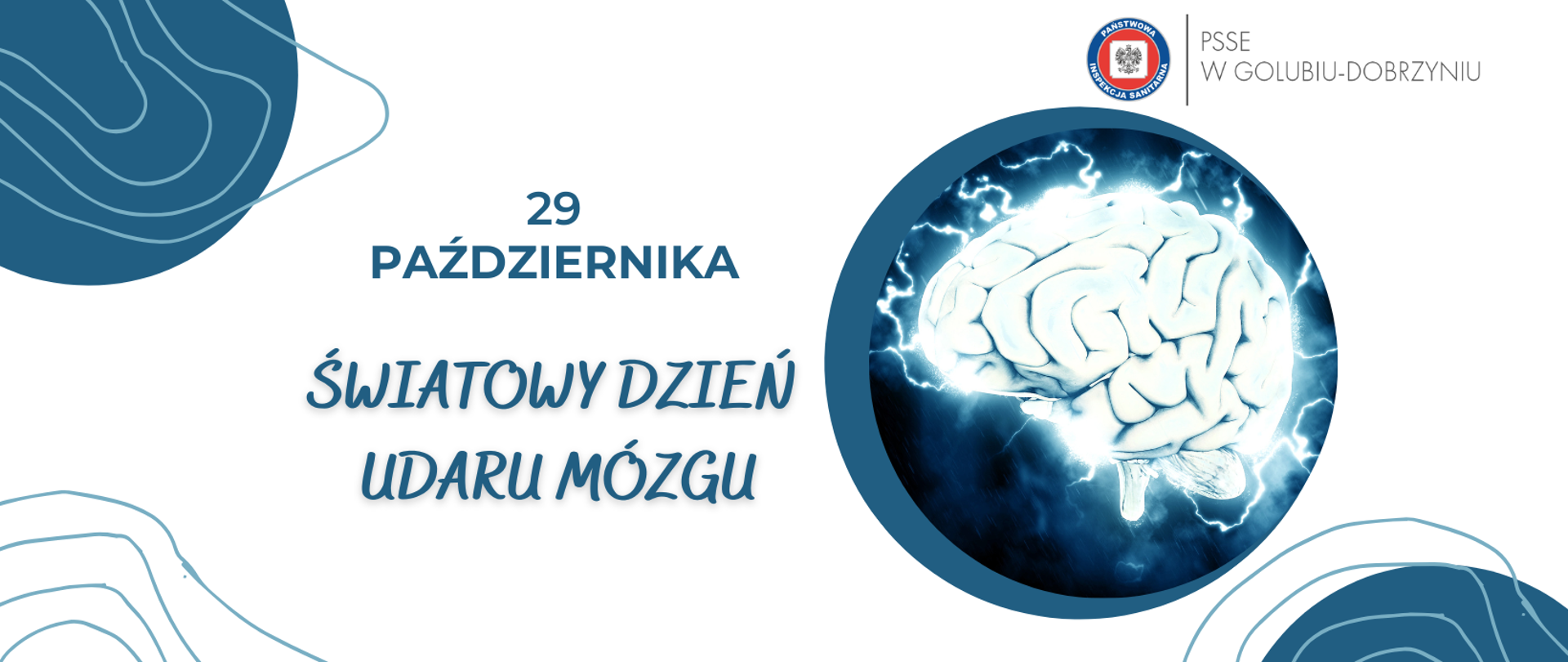 Po lewej stronie napis: "29 października Światowy Dzień Udaru Mózgu". W prawym górnym rogu logo Powiatowej Stacji Sanitarno-Epidemiologicznej w Golubiu-Dobrzyniu. Poniżej ilustracja mózgu.