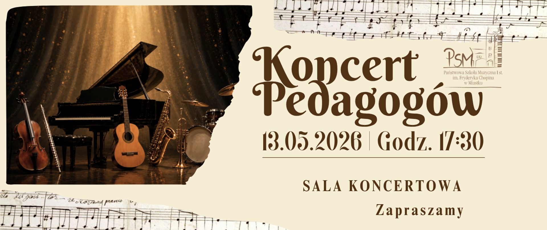 Grafika Informuje o koncercie pedagogów w naszej szkole po lewej grafika przedstawiająca instrumenty. A po prawej informacja o miejscu i godzinie wydarzenia.