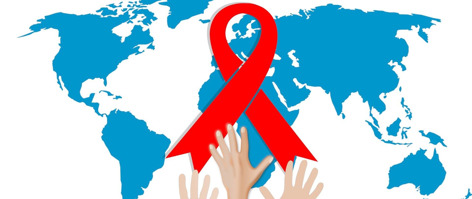 Grafika przedstawiająca mapę świata z czerwoną kokardką symbolizującą solidarność z osobami zakażonymi wirusem HIV