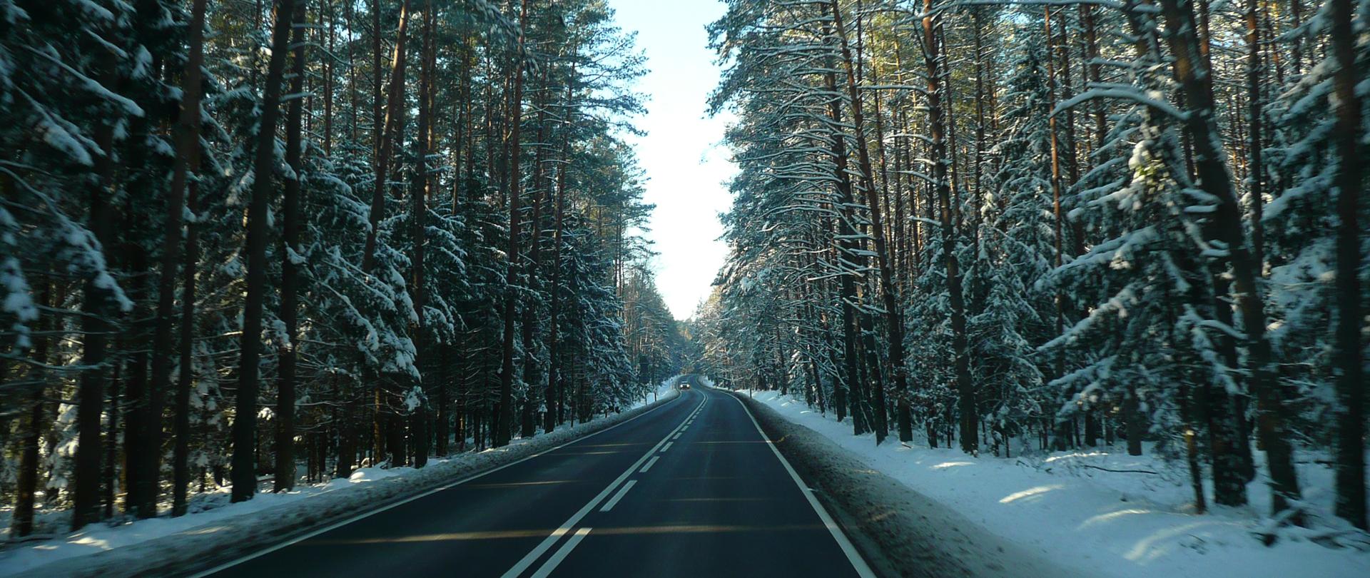 Odśnieżona droga biegnąca przez zimowy las. Z naprzeciwka jedzie samochód osobowy.