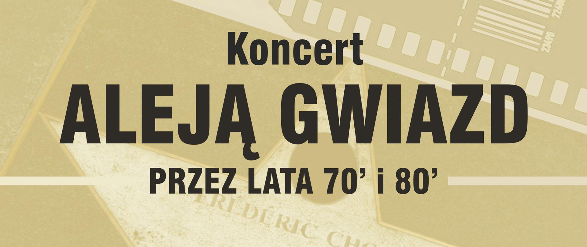 Na plakacie znajdują się w dolnej części kaseta magnetofonowa, odbiornik radiowy oraz mikrofon, logo szkoły oraz logo współorganizatora - Urzędu Miasta Nowy Targ. Na plakacie znajdują się następujące informacje: Stowarzyszenie Pro Musica i grupa The Voice Sound zapraszają na Koncert Aleją Gwiazd przez lata 70` i 80` wystąpią soliści, następnie data i miejsce wydarzenia: 29 kwietnia br. godz. 17.30 sala koncertowa Państwowa Szkoła Muzyczna w Nowym Targu