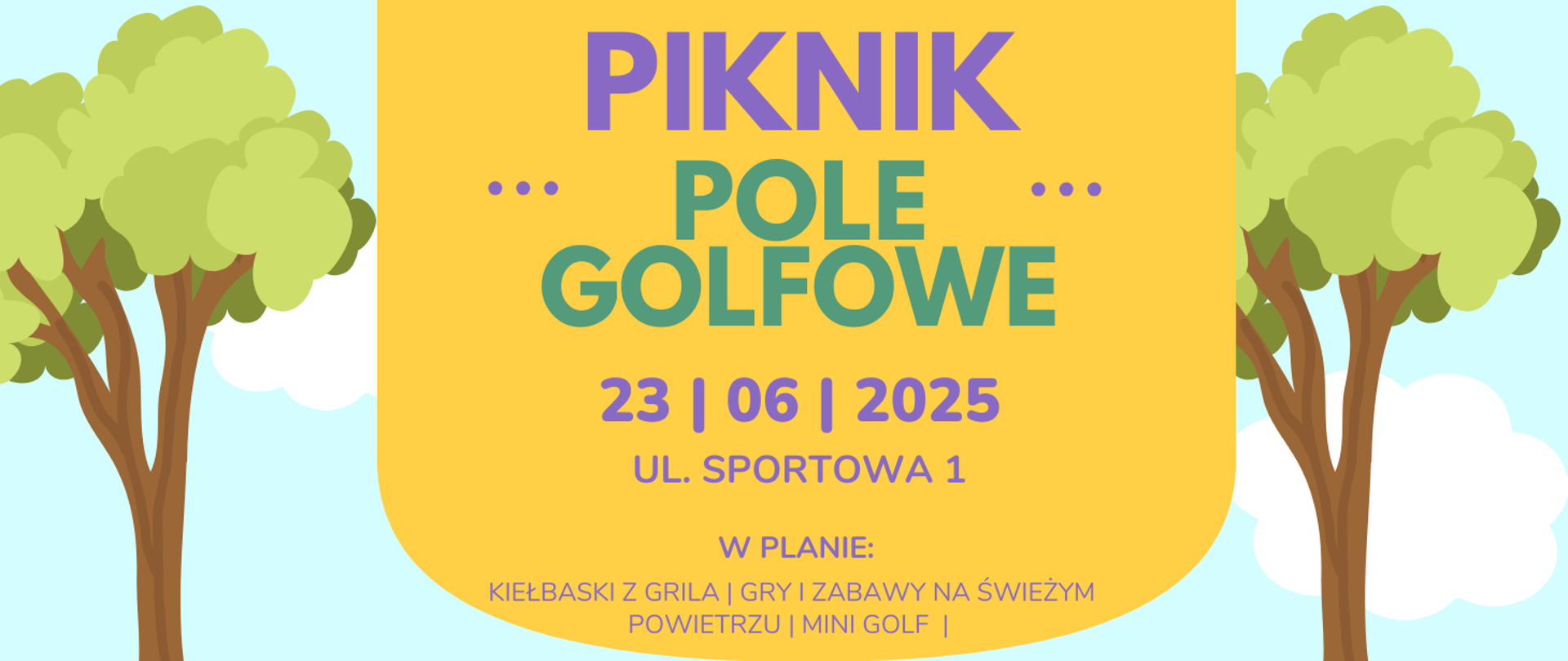 Baner zapowiadający piknik na polu golfowym.