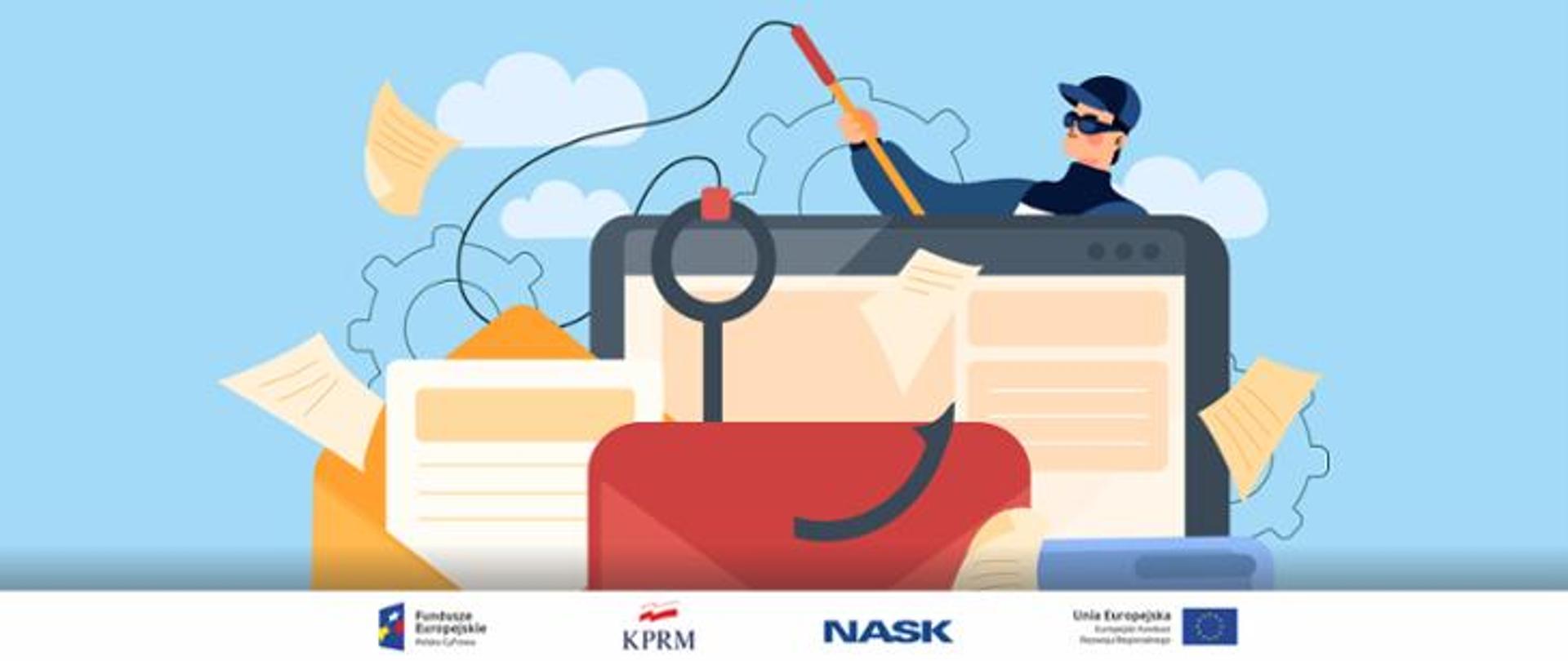 Grafika przedstawiająca ekran laptopa, koperty z listami i człowieka z wędką 