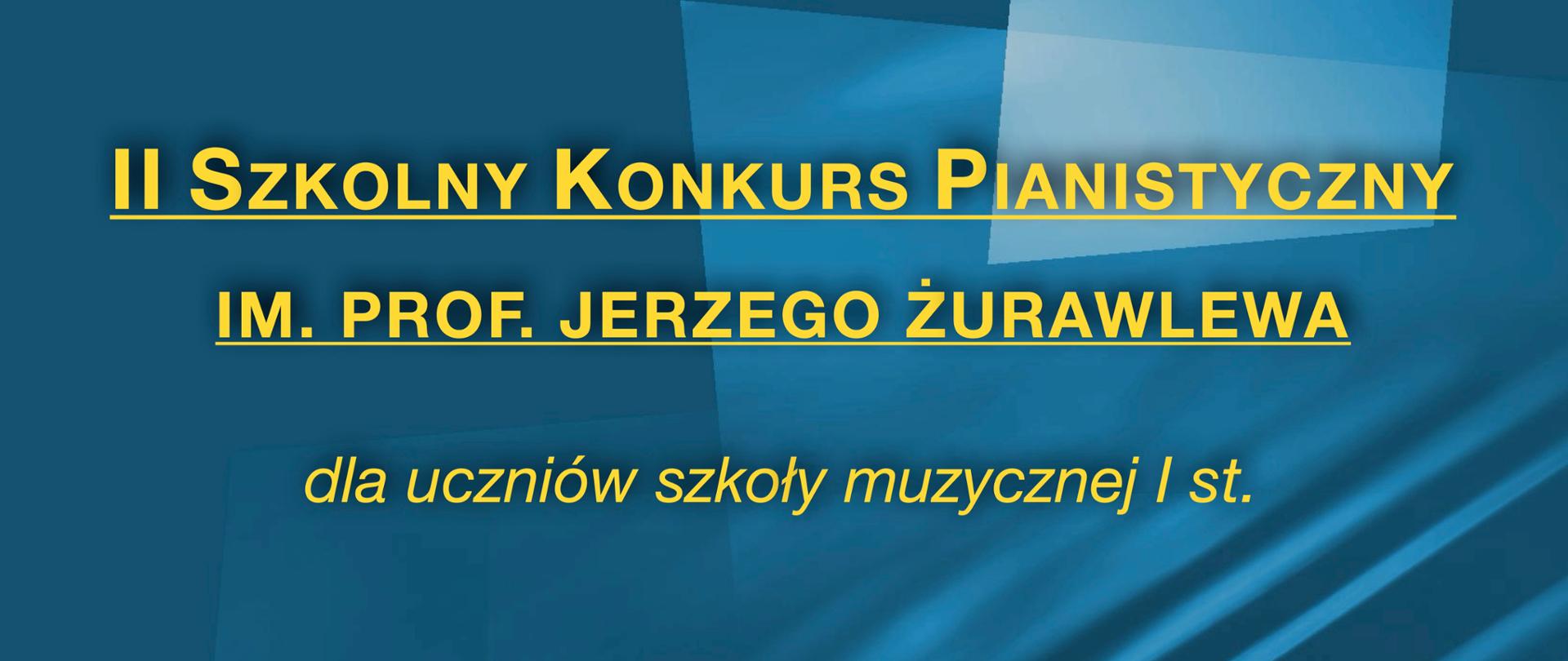 Grafika na niebieskim tle przedstawiającym fragment klawiatury fortepianu, zawiera w górnej części napis białymi literami ,,Zespół Państwowych Szkół Muzycznych w Bochni’’ i w części centralnej tekst napisany żółtymi literami ,,II Szkolny Konkurs im. prof. Jerzego Żurawlewa dla uczniów szkoły muzycznej I st.”. W dolnej części widnieje informacja białym drukiem o godzinie rozpoczęcia przesłuchań uczestników, ogłoszenia wyników oraz koncertu laureatów. Na samym dole tekst; ,,Serdecznie zapraszamy”.
