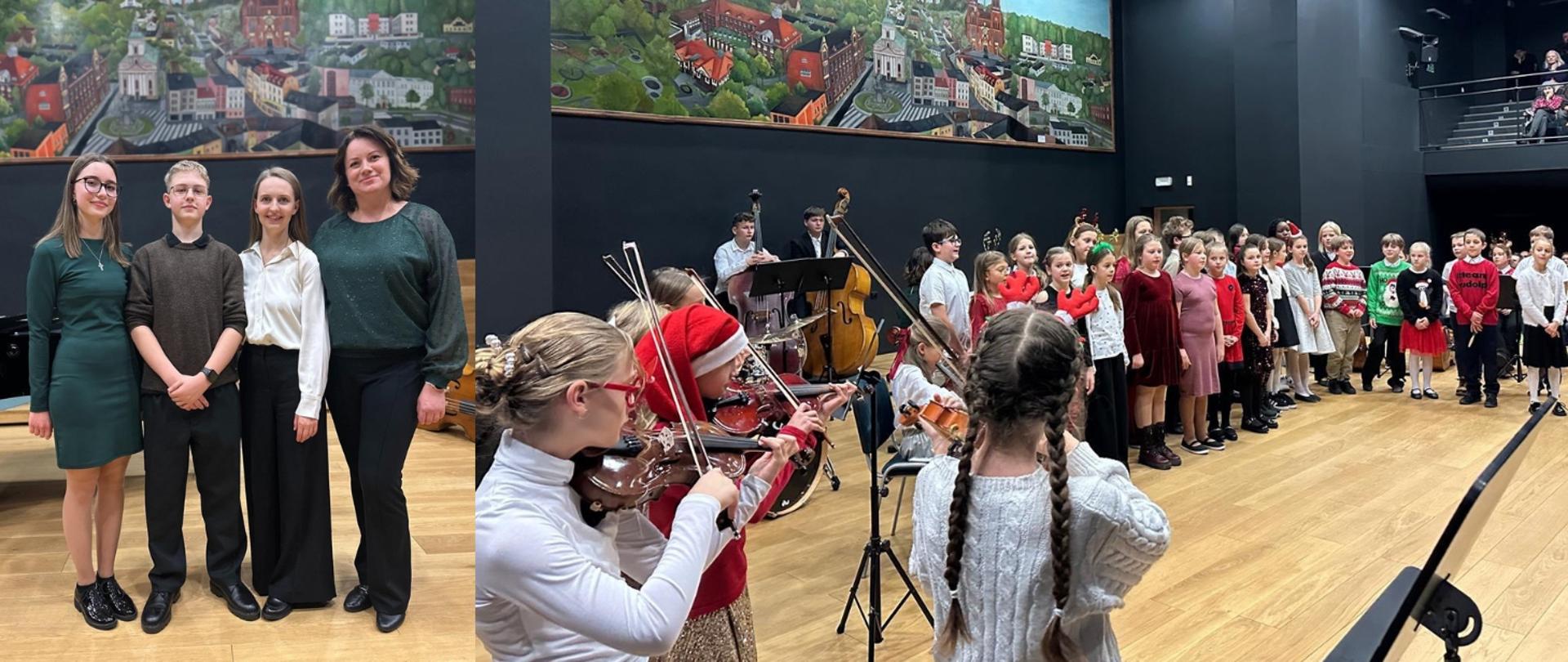 Grafika to kolaż składający się z dwóch zdjęć z Koncertu Kolędowego "Świąteczne śpiewanie".
Po lewej stronie stoją cztery osoby – dwoje uczniów i dwie nauczycielki. Wszyscy są elegancko ubrani i uśmiechnięci. W tle widać duży obraz przedstawiający panoramę miasta Rybnika. Po prawej stronie widać grupę dzieci ustawionych w rzędzie na scenie. Niektóre z nich mają świąteczne stroje. Na pierwszym planie dwie dziewczynki grają na skrzypcach, a w tle widać muzyków z kontrabasem i innymi instrumentami. Całość odbywa się w sali koncertowej PSM Rybnik z drewnianą podłogą i czarnymi ścianami.