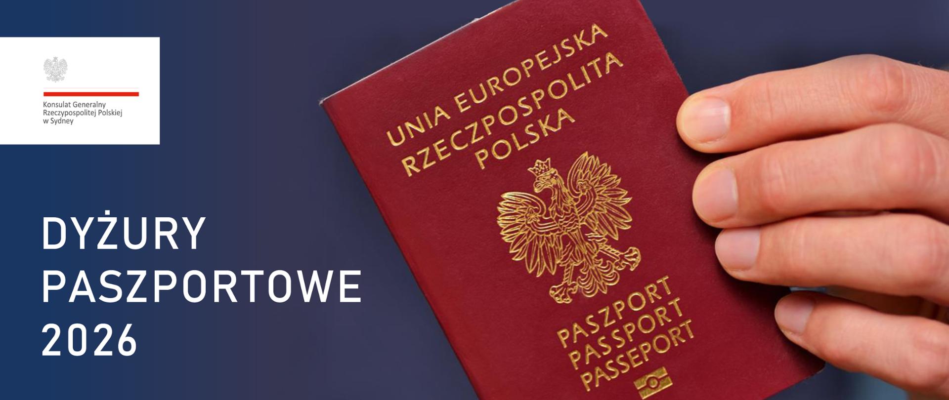 The poster shows a Polish passport held in a hand, with the text below reading 'passport duty 2026'.
