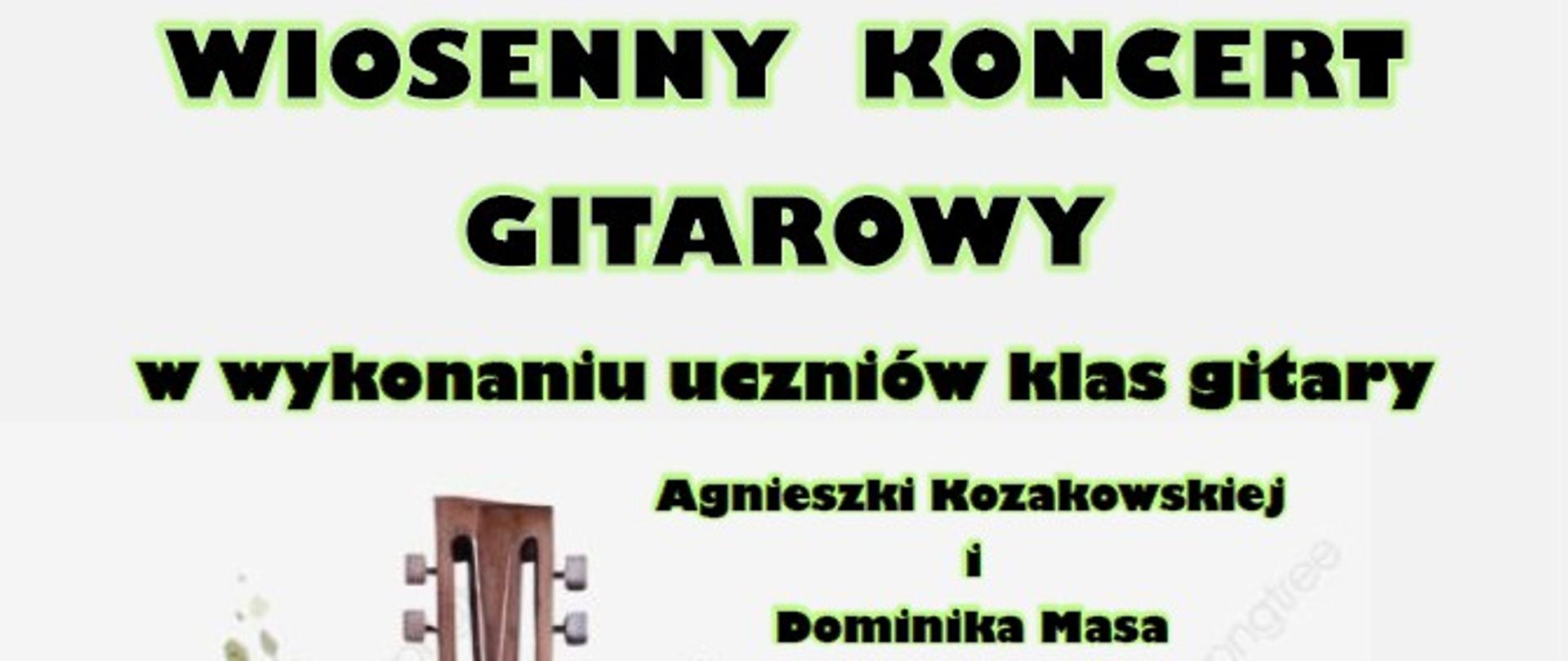 Plakat na jasnym tle z motywem gitary i kwiatów informujący o wiosennym koncercie gitarowym uczniów klasy gitary 24 marca 2026