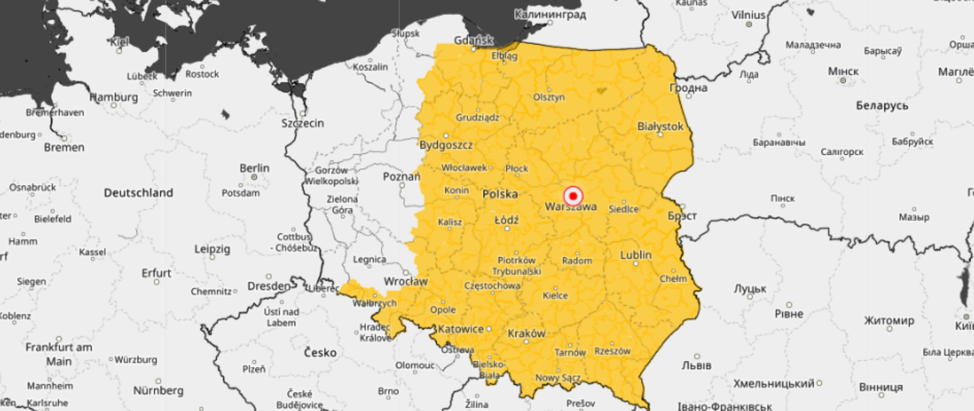 Na zdjęciu widać mapę polski. Kolorem żółtym zaznaczop obszary z ostrzeżeniami IMGW Silny Mróz.