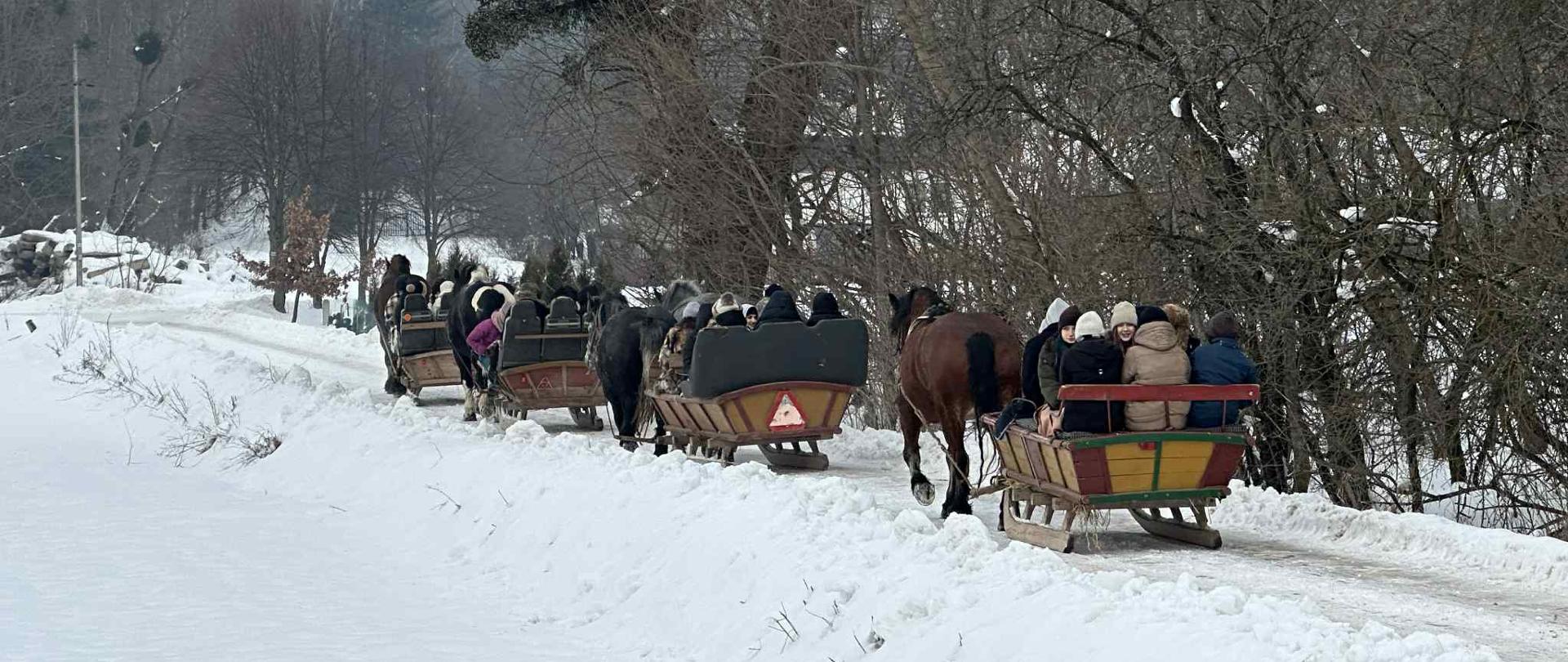 zdjęcie, sceneria zimowa, kulig ,cztery pary sań konnych