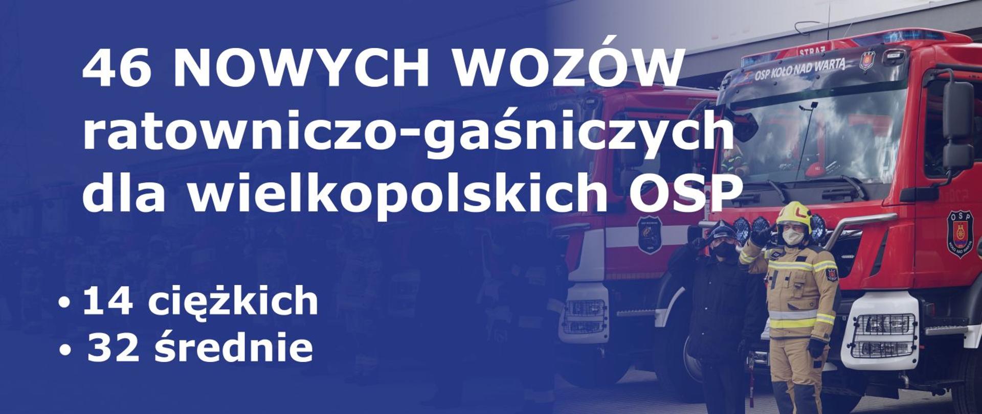 na niebieskim tle napis: 46 nowych wozów ratowniczo - gaśniczych dla wielkopolskich osp 14 ciężkich 32 średnie, w tle przed samochodami strażackimi stoją salutujący strażacy, 