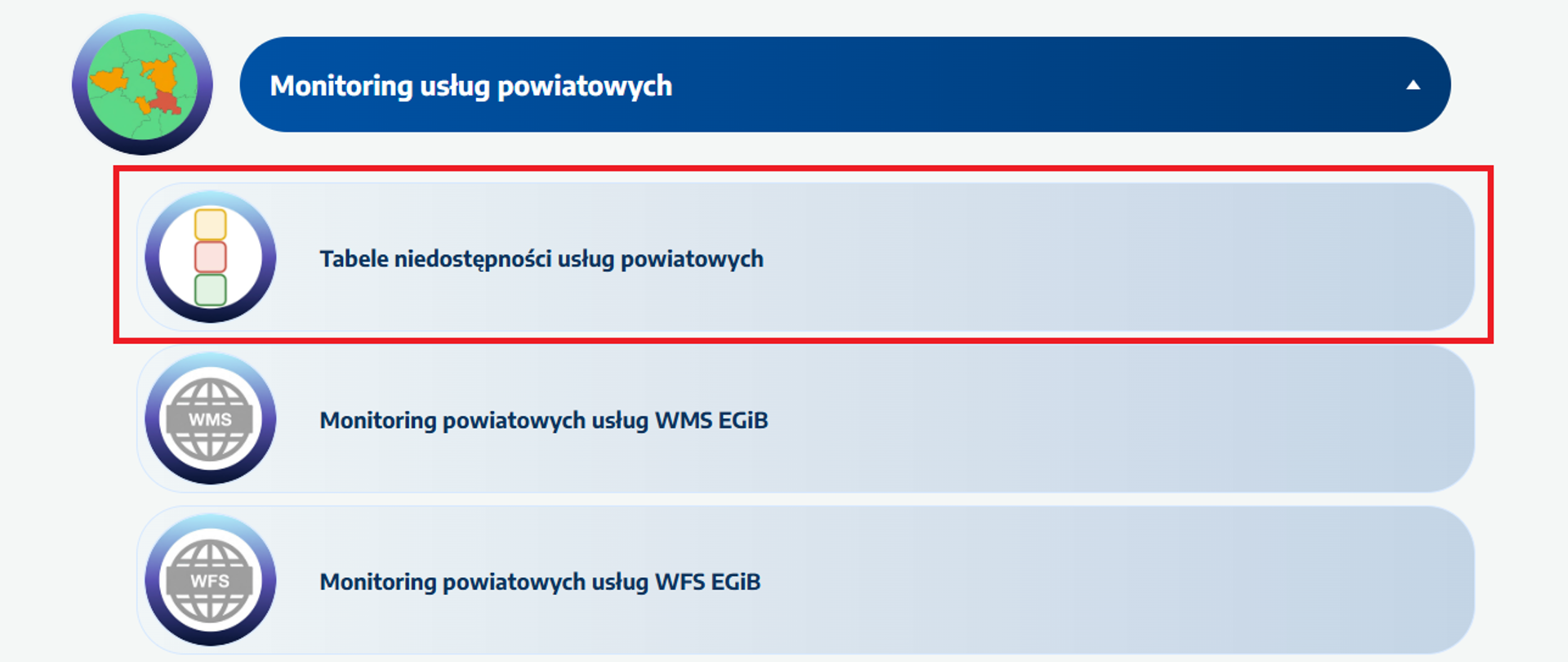 Widok listy usług Krajowej Integracji z zaznaczonym odnośnikiem do tabel niedostępności usług powiatowych