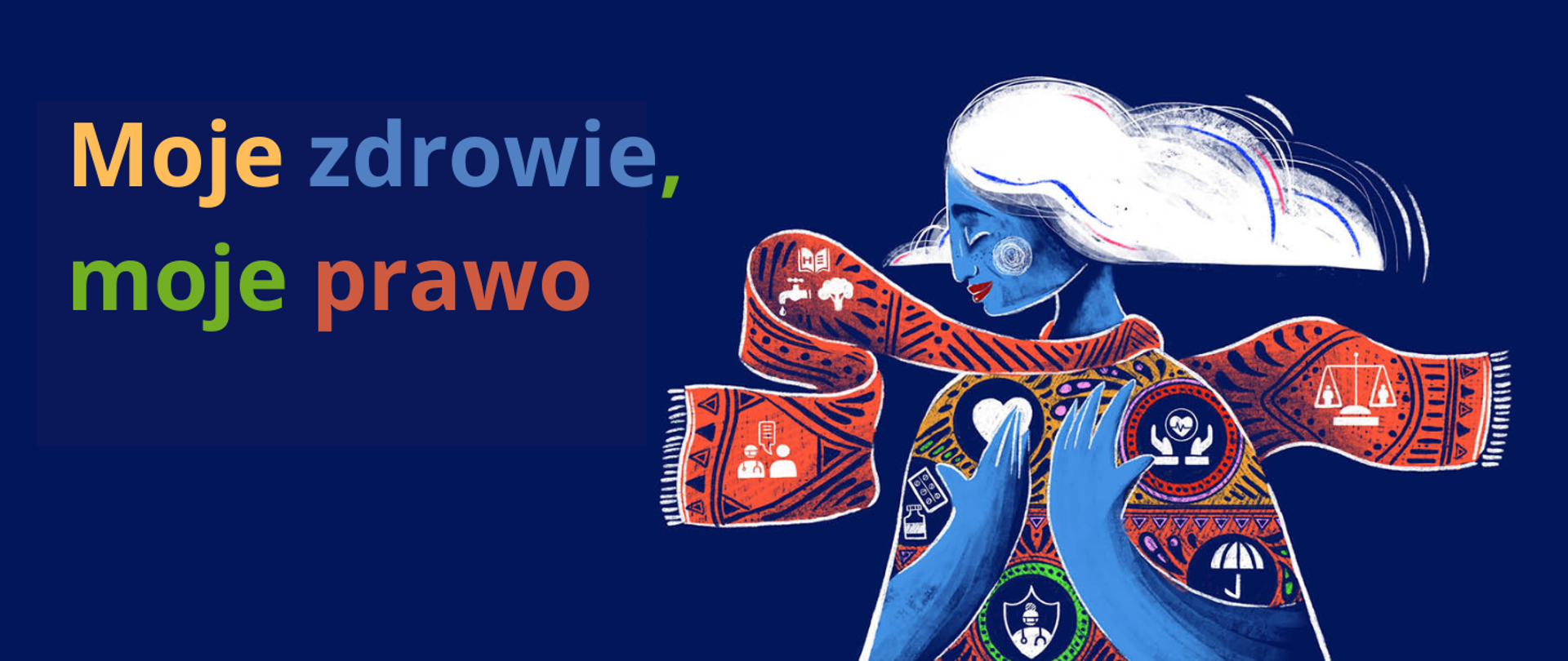Na granatowym tle z prawej strony obrazka narysowana kobieta z białymi włosami w kształcie chmury, o niebieskim kolorze skóry z czerwonym szalem oraz ubraniem w kolorach: żółto-granatowo- pomarańczowo- zielonym z białymi ikonami dotyczącymi zdrowia.