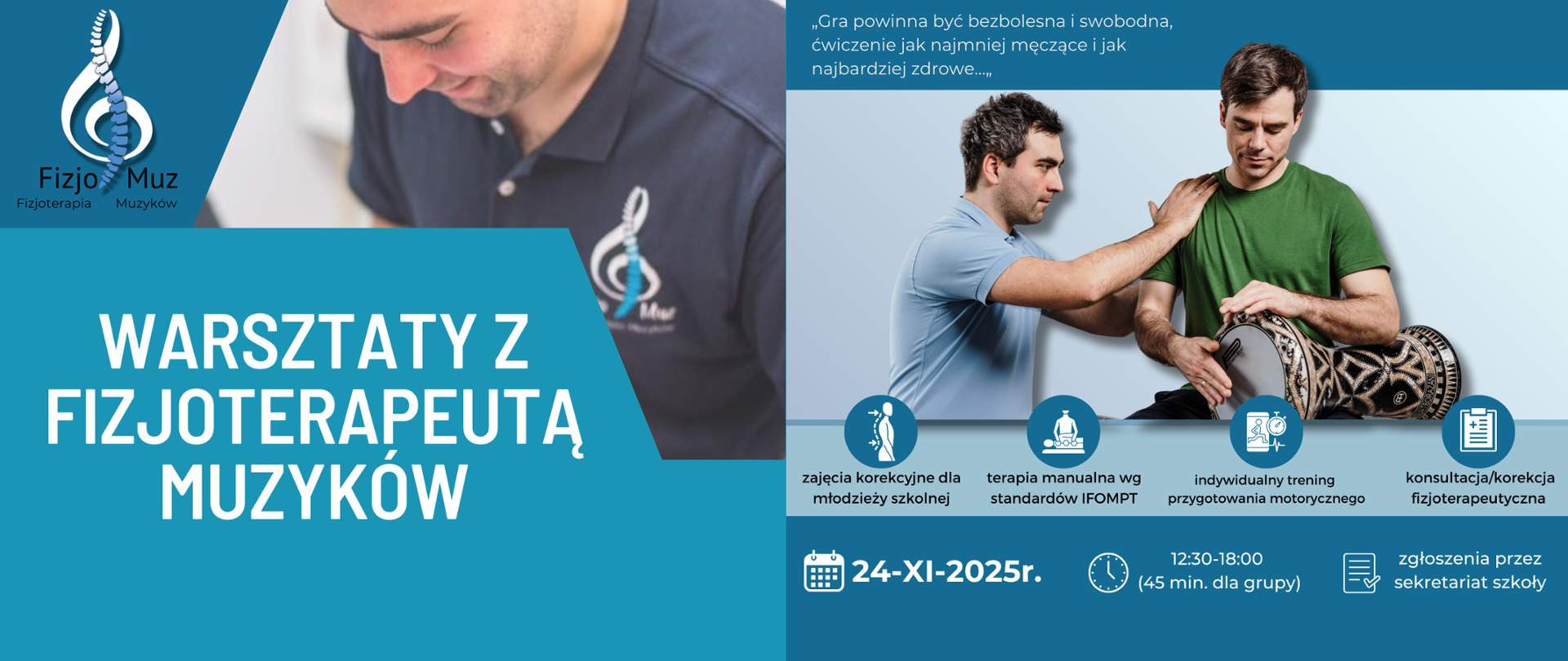 plakat na tle w różnych odcieniach niebieskiego. Po lewej mężczyzna w granatowym t-shircie i wokół białe napisy. Po porawje dwóhc mężczyzn w t-shirtach. Jeden gra na bębnie. Wokół białe napisy i piktogramy.