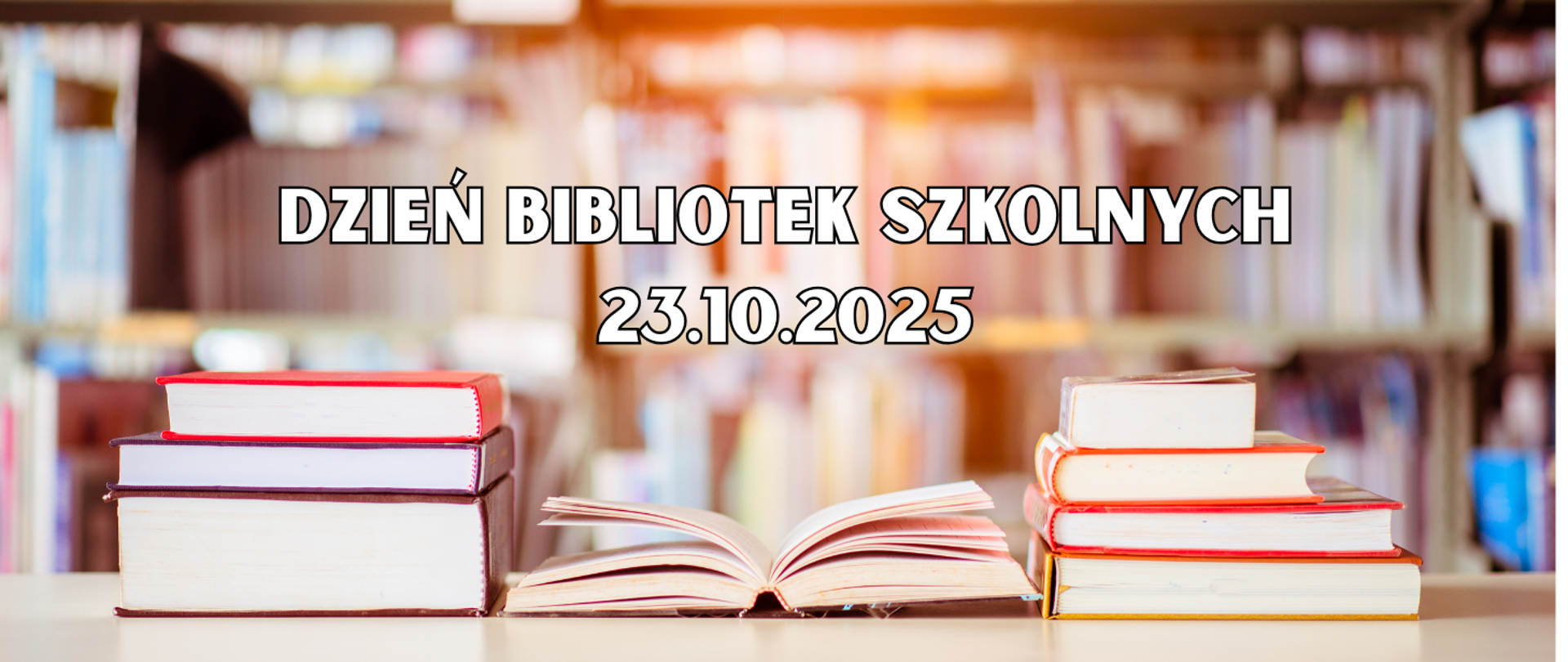 Na kolorowym tle z motywami książek informacja: Dzień bibliotek szkolnych 23.10.2025r.
