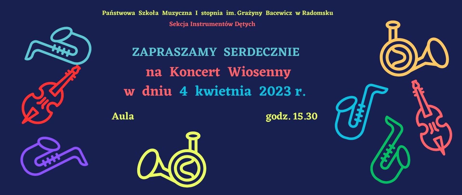Na granatowym tle znajdują się grafiki instrumentów ( waltorni, wiolonczeli, saksofonu ) oraz napisy w kolorach żółtym, niebieskim, czerwonym.
