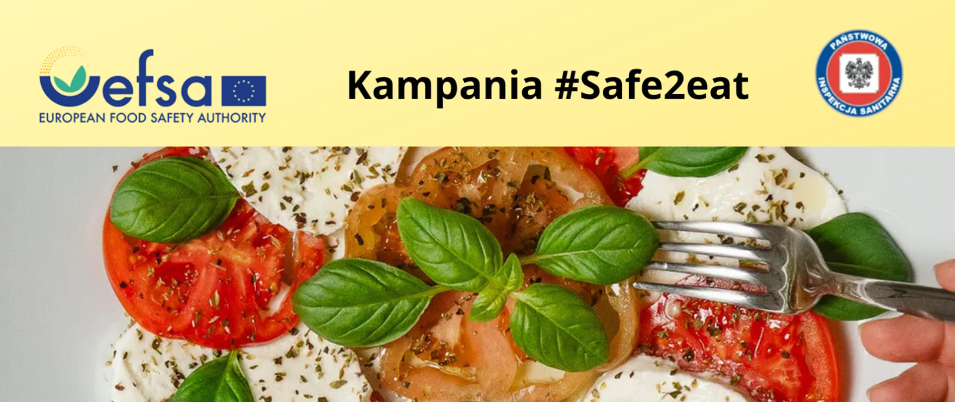 U góry logo Europejskiego Urzędu ds. Bezpieczeństwa Żywności (EFSA) oraz napis Kampania #SAfe2eat. Pod spodem kolorowy zróżnicowany posiłek: jajka, pomidory, mięta (posypane ziołami)