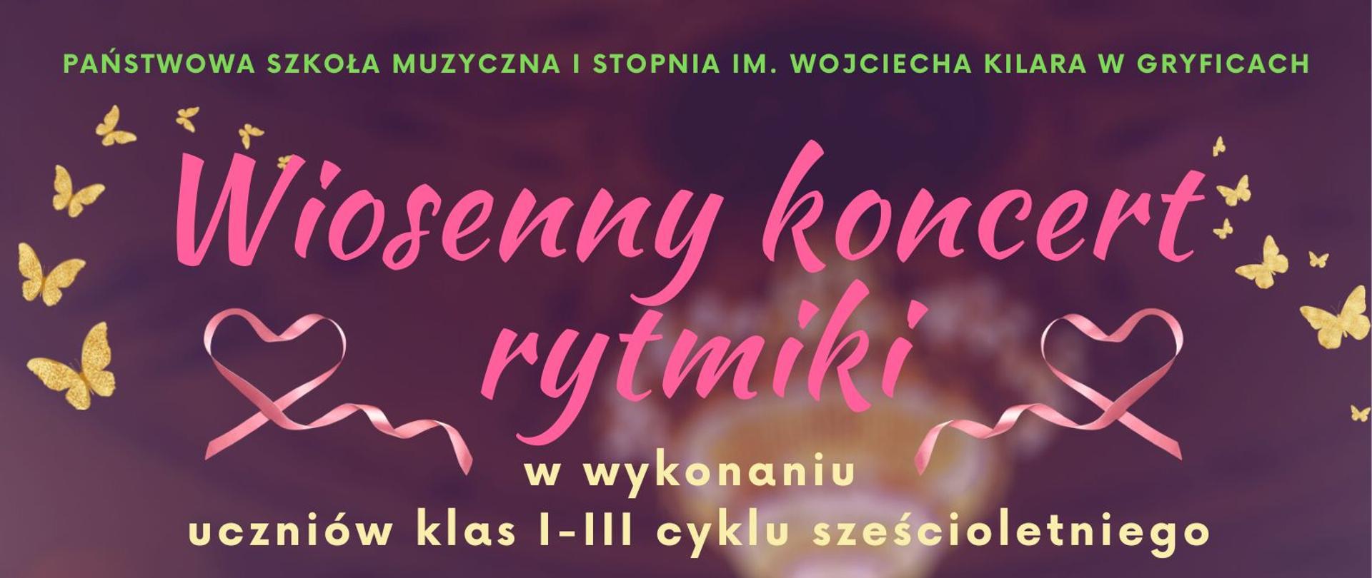 Na tle sali koncertowej sylwetka baletnicy, informacja o wiosennym koncercie rytmiki w wykonaniu uczniów klas I - III cyklu sześcioletniego