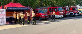 Na zdjęciu przedstawiono stanowisko Państwowej Straży Pożarnej podczas wydarzenia plenerowego. Wzdłuż ulicy ustawione są samochody ratowniczo-gaśnicze i specjalistyczne pojazdy strażackie. Przed pojazdami znajdują się strażacy oraz uczestnicy wydarzenia. Po lewej stronie widoczny jest namiot edukacyjny poświęcony ochronie ludności i obronie cywilnej, z materiałami informacyjnymi dotyczącymi bezpieczeństwa i przygotowania na sytuacje zagrożenia