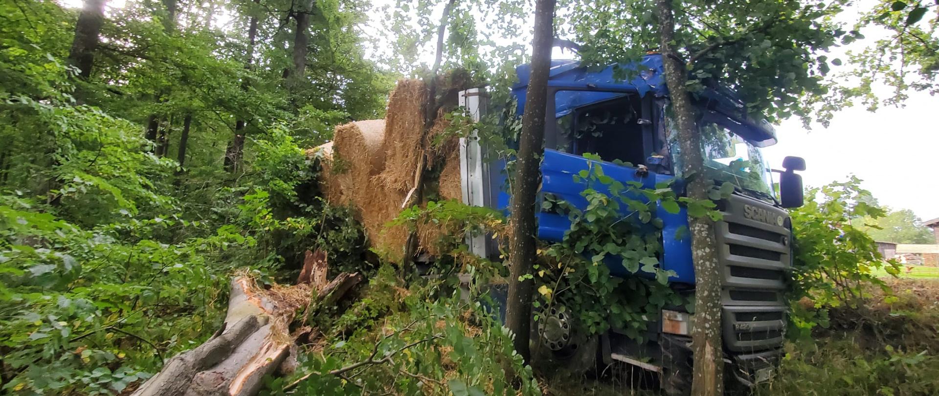 
Niebieski samochód ciężarowy marki Scania znajduję się w rowie. Przodem uderzył w drzewo. Na naczepie znajdują się baloty słomy. 
