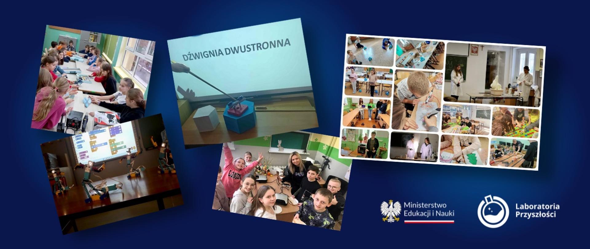 Kolaż kilku zdjęć pokazujących uczniów zajętych pracą przy stolikach.