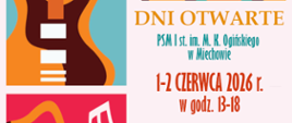 Plakat Dni Otwartych szkoły muzycznej w Miechowie, 1–2 czerwca 2026, z ilustracjami instrumentów muzycznych