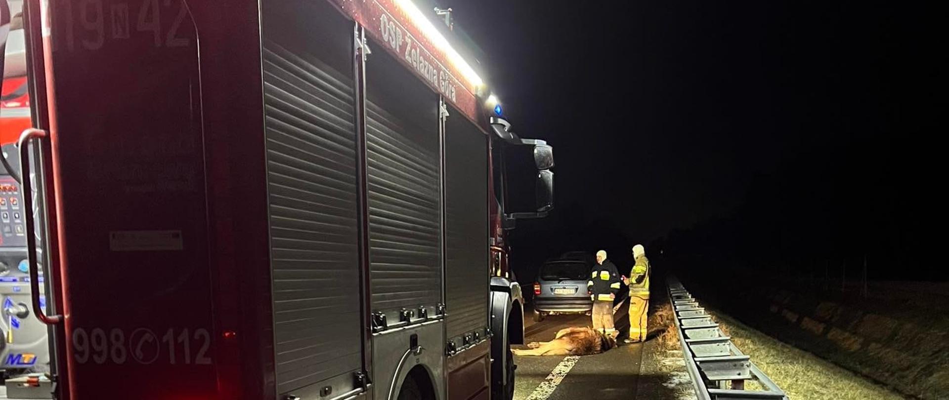Zdjęcie zrobione nocą. Na drodze przy barierkach drogowych stoi czerwony samochód strażacki. W oddali oświetlani przez światła samochodu stoi dwóch strażaków.