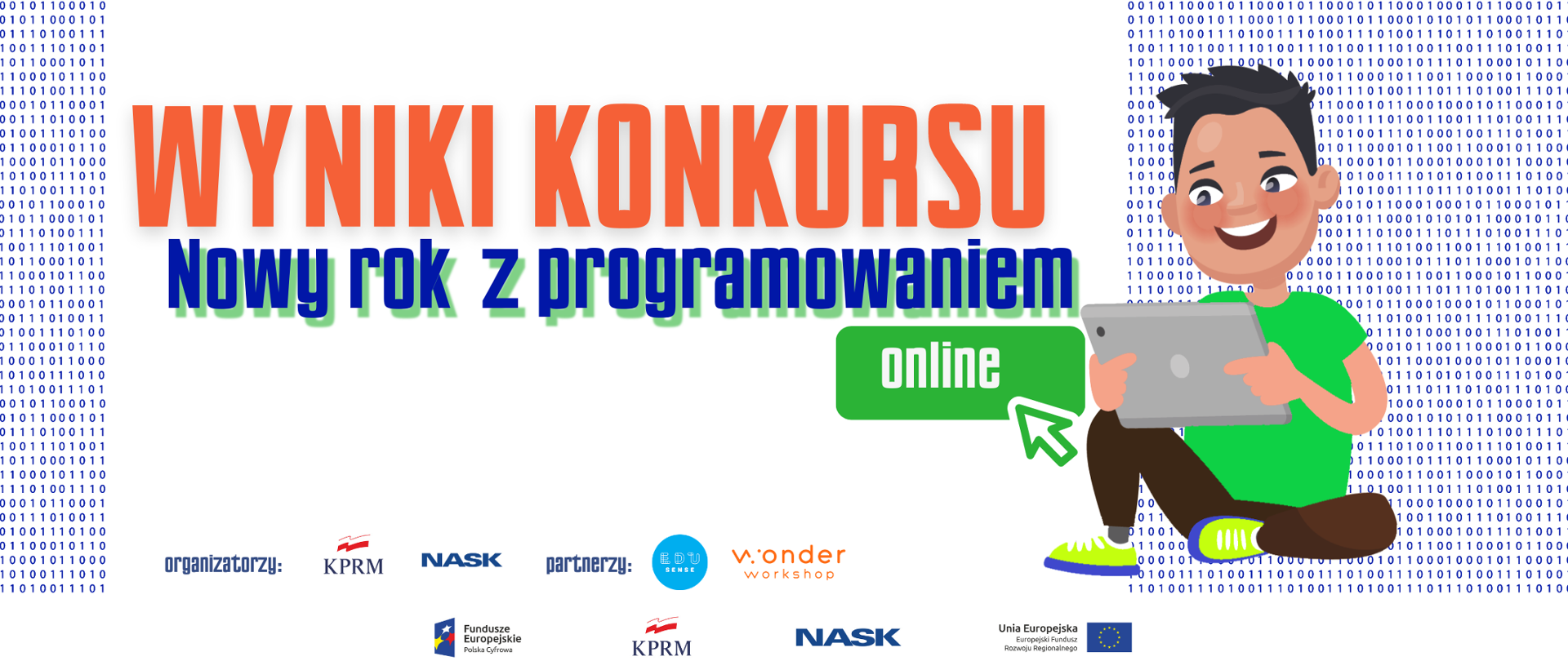 Grafika wektorowa - po prawej stronie chłopiec trzymający tableta. Po lewej tekst: Wyniki konkursu Nowy rok z programowaniem online. 