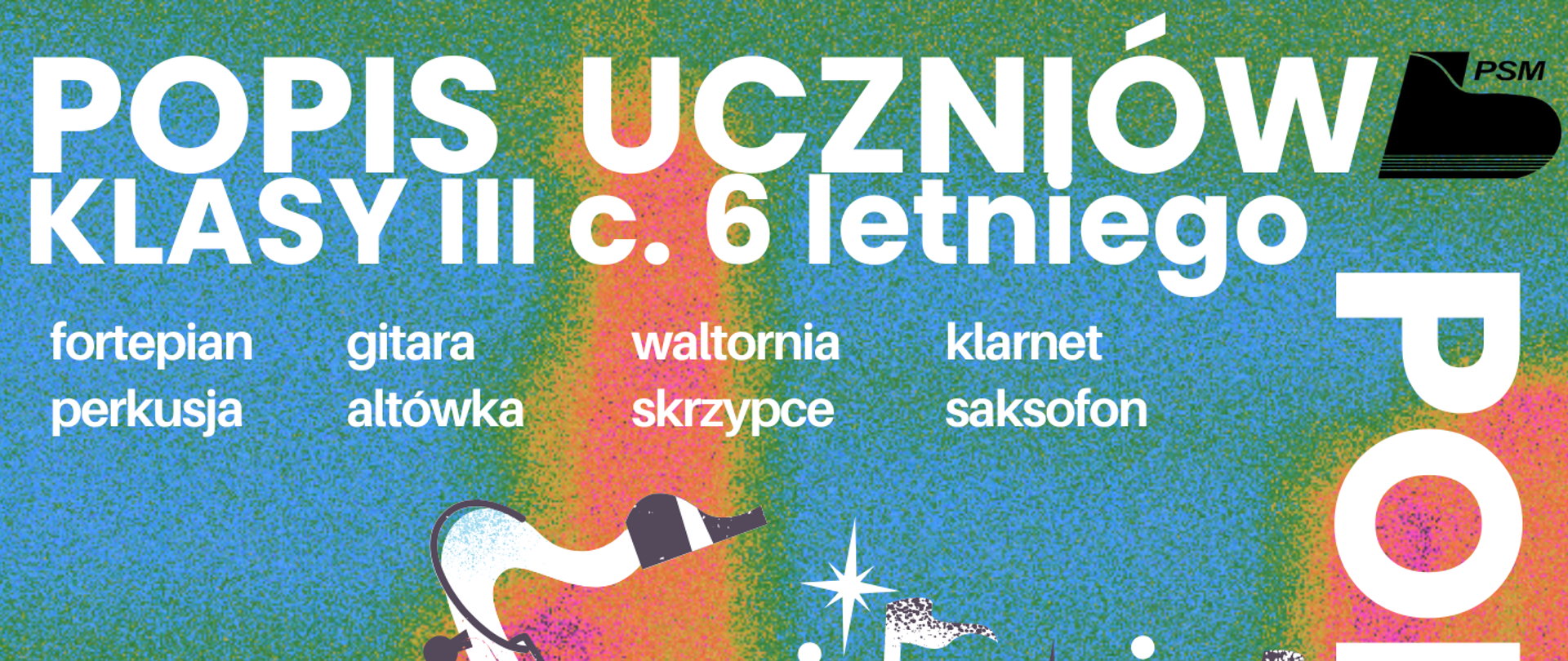 Kolorowe kropkowane tło w fioletowo-tęczowych odcieniach. Białe napisy, czarne logo szkoły w prawym górnym rogu.