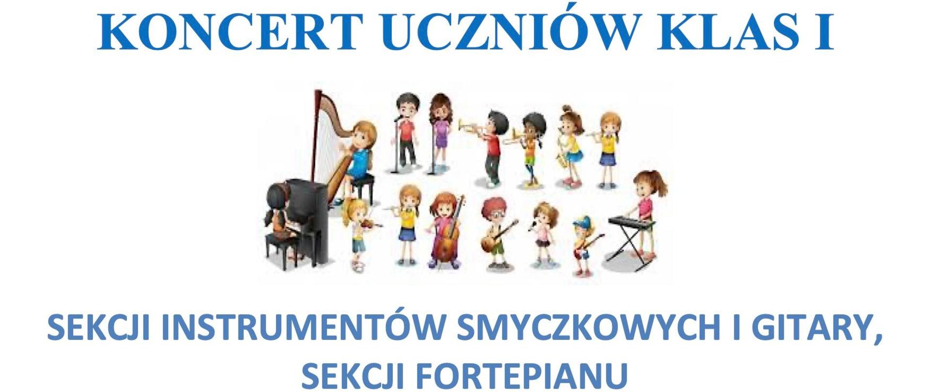 Na białym tle u góry kolorowy symbol nut i pięciolini, poniżej sylwetki grających dzieci. 