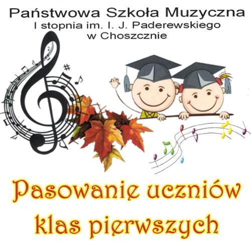 plakat na białym tle, od góry wyśrodkowana w kolorze czarnym pełna nazwa szkoły, poniżej grafika z lewej strony klucza wiolinowego ze spiralnie unoszącą się pięciolinią z nutami, po środku liście w jesiennych barwach, z lewej strony uśmiechnięte buzie dzieci. 