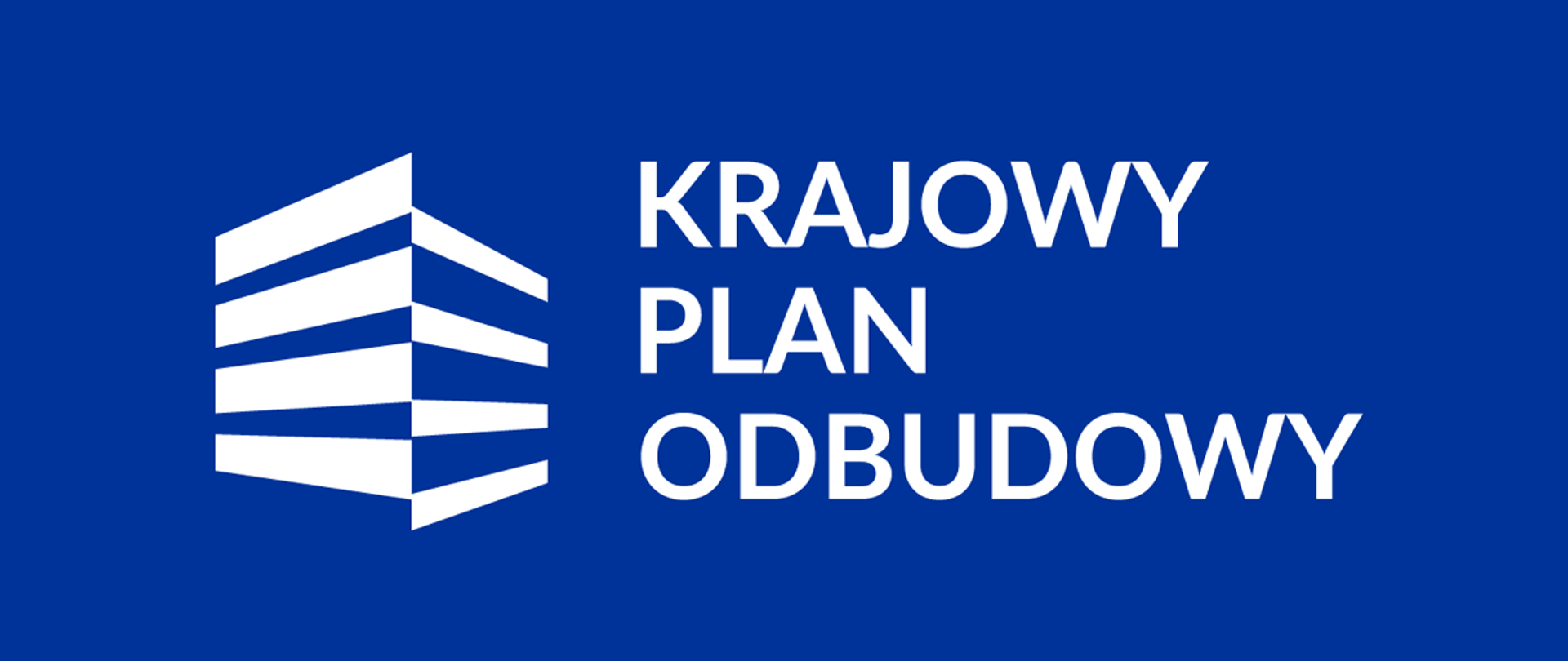 Na niebieskim tle biały napis Krajowy Plan Odbudowy i białe logo programu