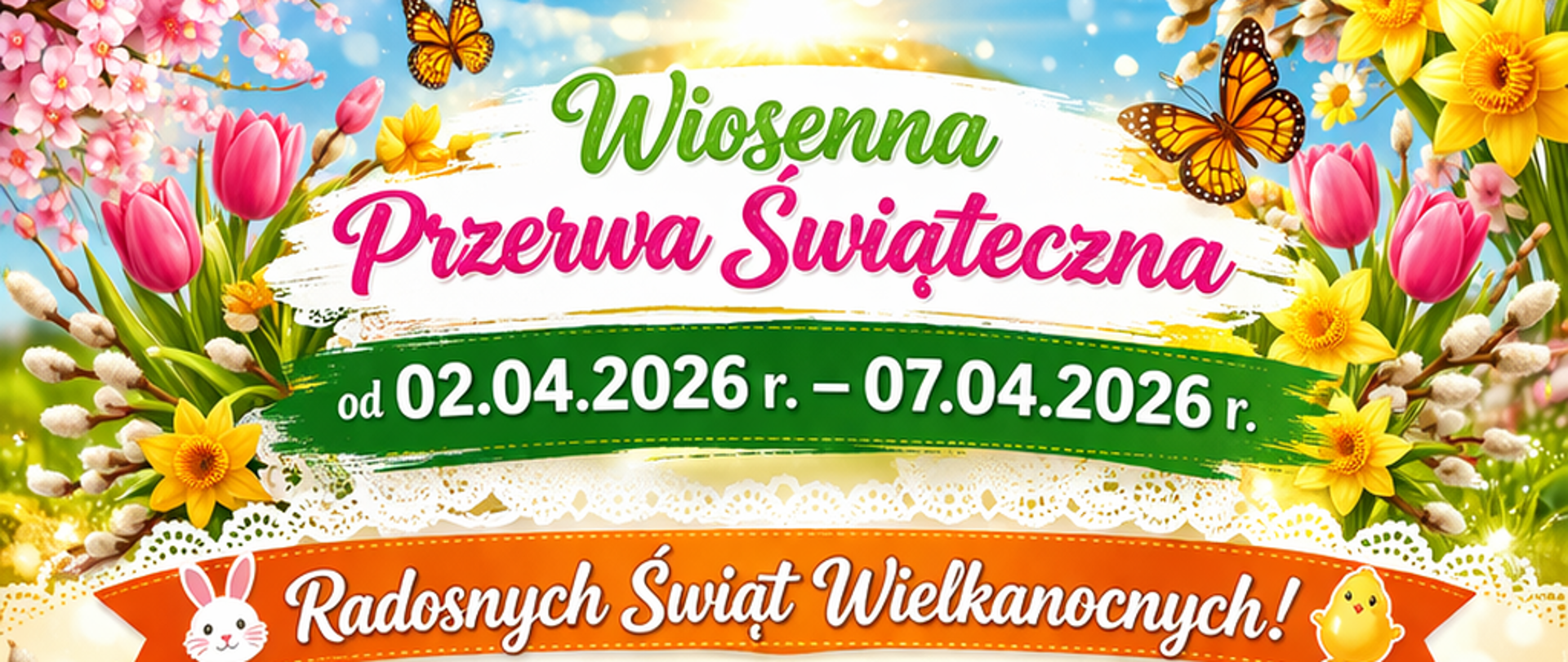 Na obrzeżach kartki motylki, tulipany, bazie , zające i jajka wielkanocne w kolorach zielonych, różowych, żółtych, niebieskich i fioletowych. Na środku plakatu napisane kolorem białym od kiedy trwa przerwa świąteczna w szkole oraz sentencja w kolorze czarnym.