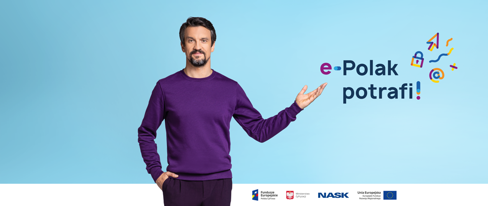 Grafika. Mężczyzna wskazujący dłonią na napis: e-Polak potrafi!