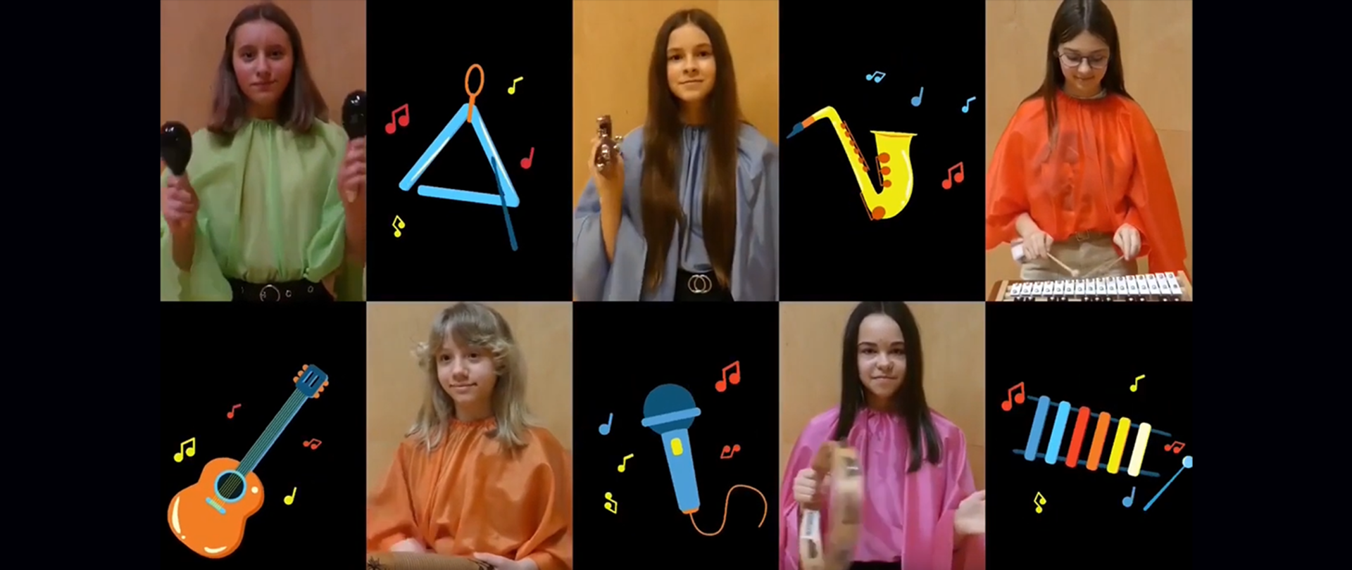 Grafika na czarnym tle ze zdjęciami uczniów i kolorowymi muzycznymi elementami graficznymi z nagrania filmu rekrutacyjnego