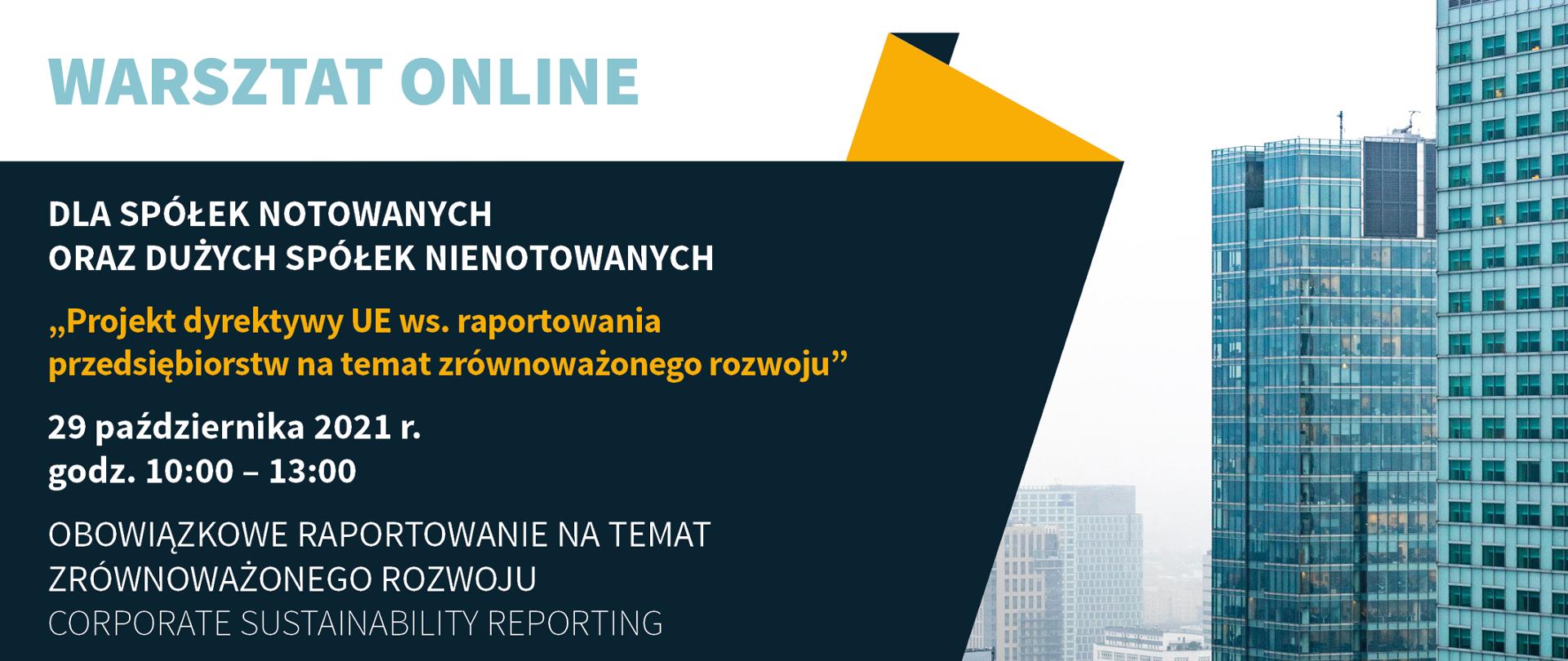 napis na grafice zaprasza na bezpłatny warsztat online dla spółek notowanych oraz dużych spółek nienotowanych o raportowaniu przedsiębiorstw na temat zrównoważonego rozwoju